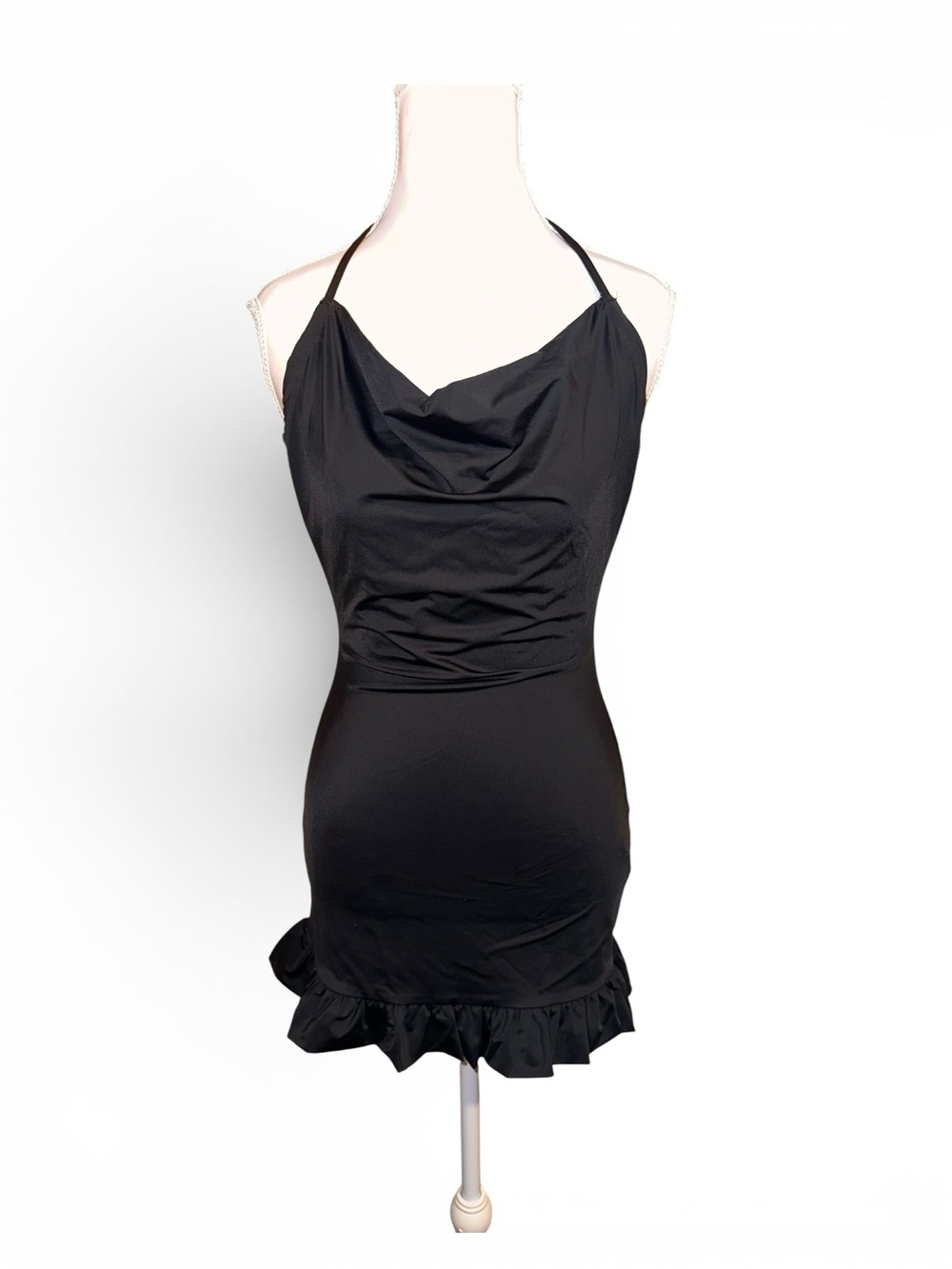 Black Cowl Neck Halter Mini Dress with Ruffle Hem